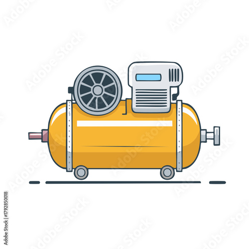 Yellow air compressor with fan and wheels, industrial equipment illustration