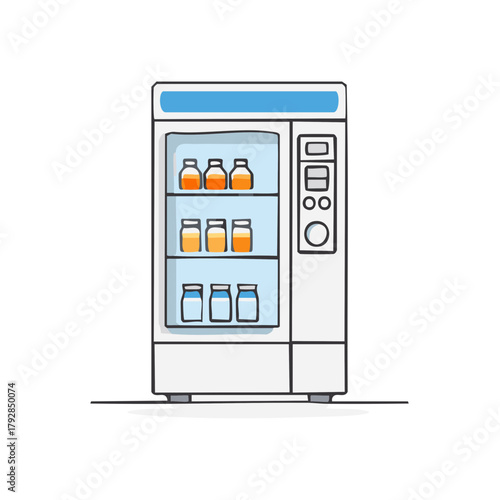 Modern vending machine with refreshing drinks displayed in glass bottles on shelves