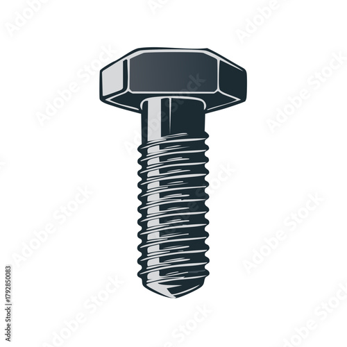 Hex Head Bolt Vector Illustration, Fastener Detail, Machine Part, Mechanic Hardware, Engineering Component, Metal Bolt