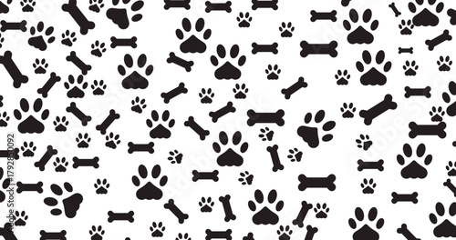 Dog paw and bone seamless pattern vector background for pet design. Paw print bone icon design. Animal paw pattern seamless. Dog bone paw print vector. Black paw symbol texture