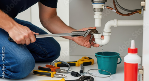 Plumber fixing a clogged drain under the sink with tools and supplies in a modern kitchen environment