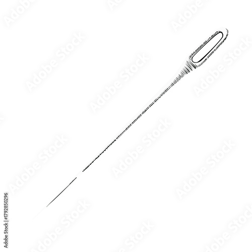 Minimalist sewing needle with large eye and textured shaft on white background