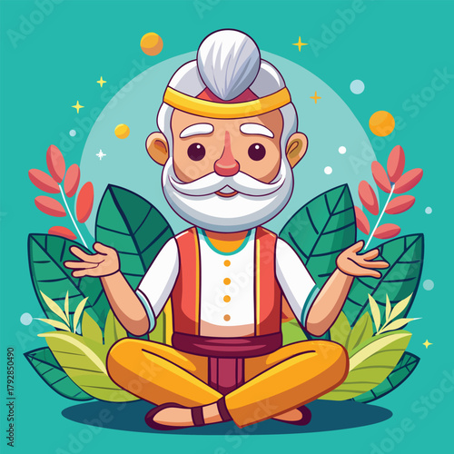 Elderly man meditating in traditional attire amidst nature.