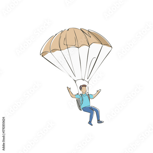 One line drawing of a person paragliding through the air with a parachute, freefall concept