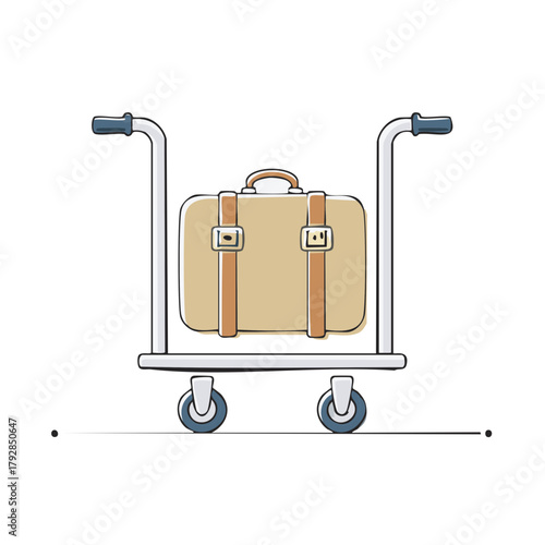 Vintage suitcase on a travel trolley with blue handles and wheels