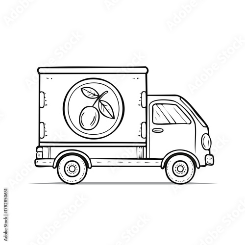 Delivery truck carrying fresh plums, sketched illustration, fruit transportation