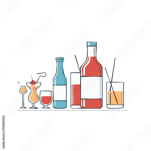 Assortment of colorful alcoholic beverages bottles and cocktails in glasses illustration for party or bar menu