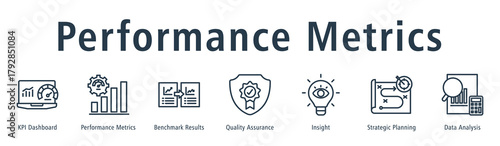 Performance metrics web banner icon vector illustration concept with icon of KPI dashboard, performance metrics, benchmark results, quality assurance, insight, strategic planning, and data analysis.