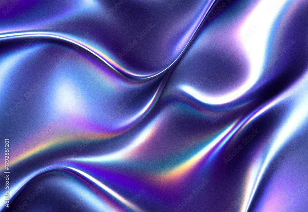 Fototapeta premium Abstract glossy metallic fabric texture with satin-like waves in purple and blue hues, featuring iridescent reflections and smooth curves for luxurious modern branding visuals