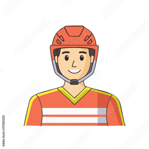 Smiling Person Wearing Orange Helmet and Jersey with Horizontal Stripes