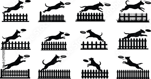 Silhouette dogs jumping over fences catching frisbees, dynamic pet motion vector, canine agility CAD sketch, flat flavector illustration set