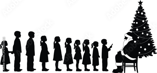 Santa Claus visit, children silhouettes, Christmas tree, holiday tradition, festive moment, wish list, seasonal joy, celebration, winter scene – flavector