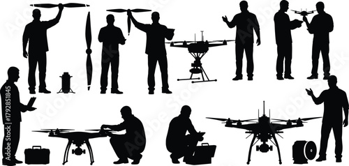 Silhouette people assembling drones, maintenance inspection and programming concept, aerial robotics technology, flat vector illustration, engineering process, modern device design
