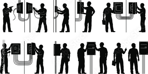 Silhouette electricians working electrical panels, wiring installation and maintenance, utility service concept, flat vector illustration, technical profession, workplace safety, minimal design
