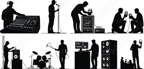 Silhouette people in music production, sound engineering, recording studio, audio mixing, live performance, flat vector illustration, creative industry, minimal design
