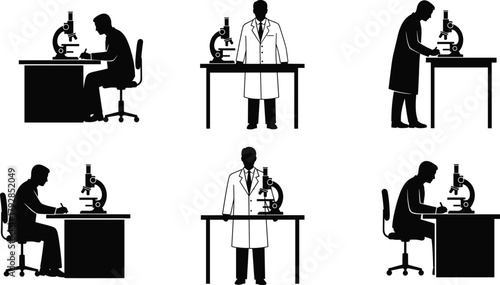Scientist microscope silhouette set, lab research poses, black and white vector, laboratory worker, science equipment, medical analysis illustration