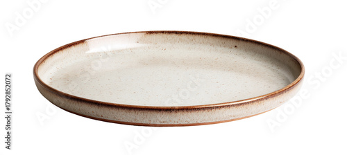 Round, light beige ceramic platter with a warm brown rim