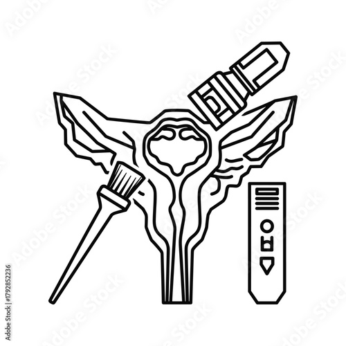 Stylized line art of hair dye brush, bottle, and applicator