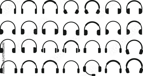 Headphone Icon Set. Headset and Digital Communication Icons collection. Audio Listening and Music Symbol. Listening Equipment and Volume Control