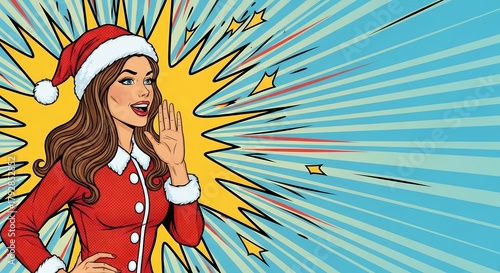 Pop Art Christmas Woman Announcing News with Speech Bubble.