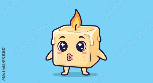 A cute square candle with a flame and kissy face.