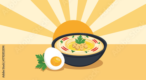 A close-up shot of a delicious bowl of hummus with a boiled egg and parsley on the side.