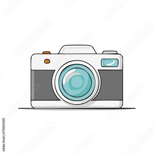 Minimalist illustration of a vintage camera with a large lens and flash