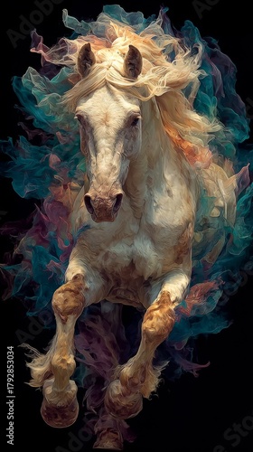 A powerful white horse running in a dynamic fantasy art style. Vertical illustration of a majestic stallion emerging from colorful abstract smoke on a black background