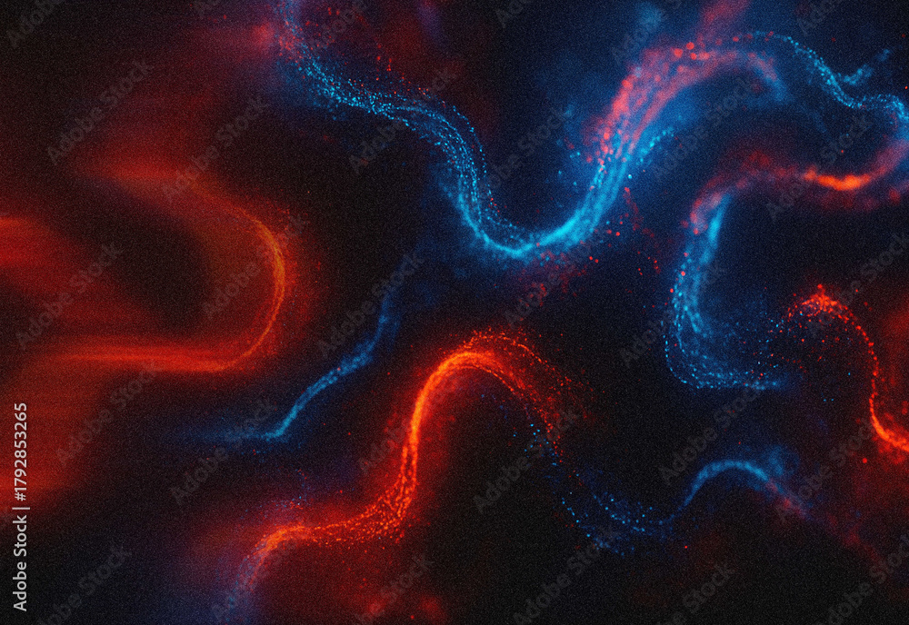 Obraz premium Abstract cosmic background with swirling red and blue nebula trails over a dark field, featuring specks of stardust and suggesting science fiction, technology, futurism visuals.