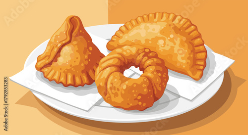 A plate of savory fried pastries including a samosa and other appetizers.