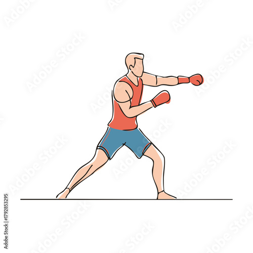 Male boxer practicing punches with red gloves and athletic shorts
