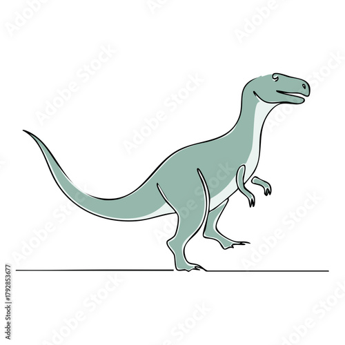 Minimalist dinosaur illustration in green tones. Drawn using one continuous line art style.