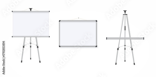 Empty Projection screen, Presentation board in realistic style. Horizontal roll up banner. Blank whiteboard for conference. Vector EPS 10.