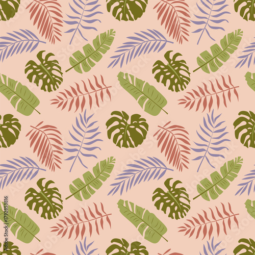 Seamless vector pattern with tropical leaves — monstera, banana, and palm fronds in organic layered design. Ideal for wallpaper, fabric prints, packaging, or digital backgrounds.