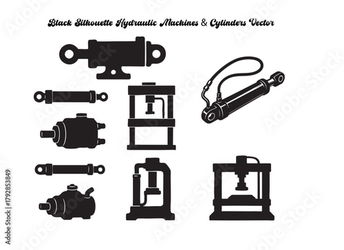 Black Industrial Hydraulic Cylinders Silhouettes Vector | Power Equipment and Machine Elements