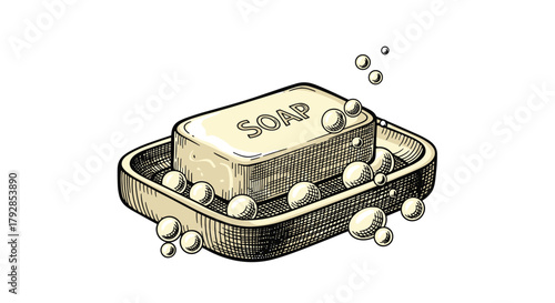A bar of soap resting in its dish with some gentle bubbles floating nearby.