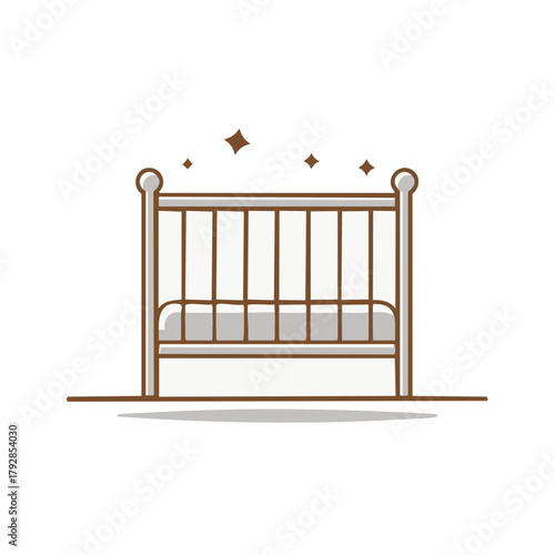 Clean line art illustration of a baby cot bed with mattress and sparkling stars perfect for nursery themes