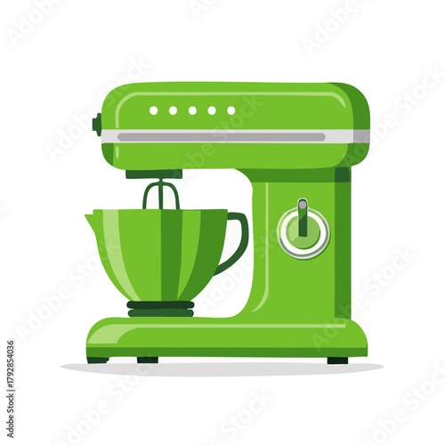 Bright green retro kitchen stand mixer with mixing bowl and beater