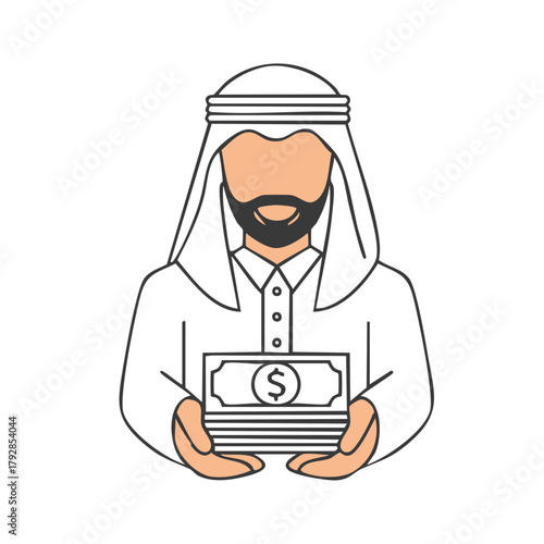 Arab man in traditional attire holding a stack of money, vector illustration