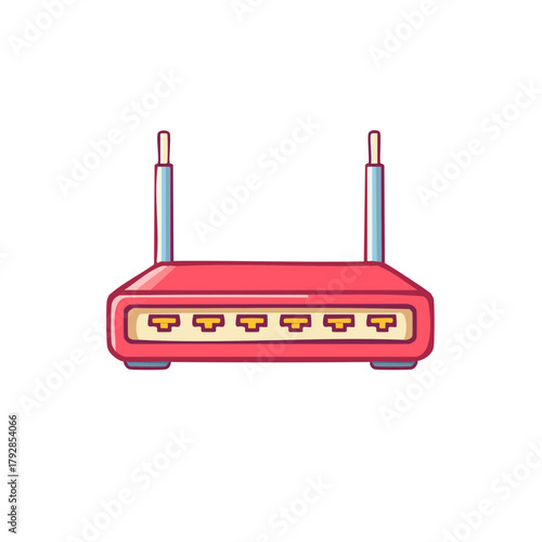 Red wireless router with two antennas and multiple ethernet ports