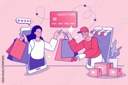 This social commerce concept illustrates a successful P2P transaction on a mobile app. A customer gives a 5-star rating for her online shopping purchase, secured by a credit card payment to the seller