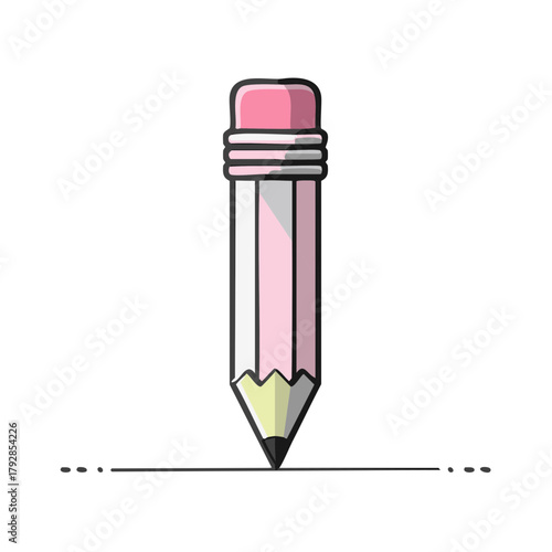 Cute pink pencil drawing a simple line with an eraser at the top on a white background