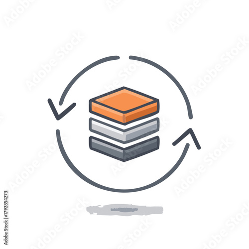 Data layers icon with circular arrows illustrating refresh, update, or processing cycle