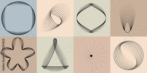 Abstract visual harmony of circles and curved lines , perfect for digital branding. Linear circular art with balanced curves ideal for posters, packaging and web design. Vector rotational shapes set.