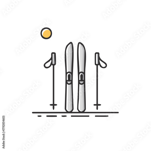Winter Sport Equipment Ski Poles and Skis with Sun Icon