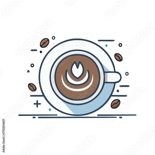 Flat design coffee cup with latte art and coffee beans, overhead view