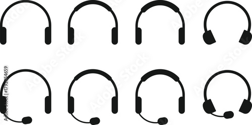 Headphone Icon Set. Headset and Digital Communication Icons collection. Audio Listening and Music Symbol. Listening Equipment and Volume Control