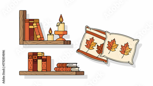 Cozy autumn scene with bookshelves filled with books lit candles and decorative pillows featuring maple leaves