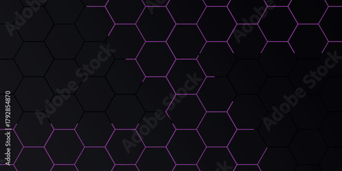 Abstract background with hexagon pattern design and shining purple light lines. Modern and futuristic hexagonal style concept for covers, presentations, certificates, marketing and websites. EPS. 3