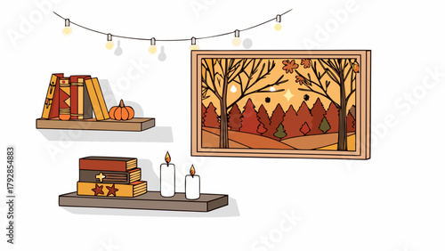 Cozy autumn scene with bookshelves candles a pumpkin and a framed fall landscape painting lit by string lights